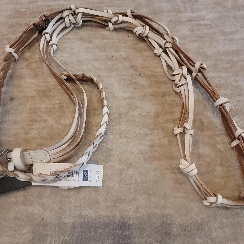 NWT Chaps Braided Leather Belt White Tan Knotted Accent Silver Buckle Women's XL